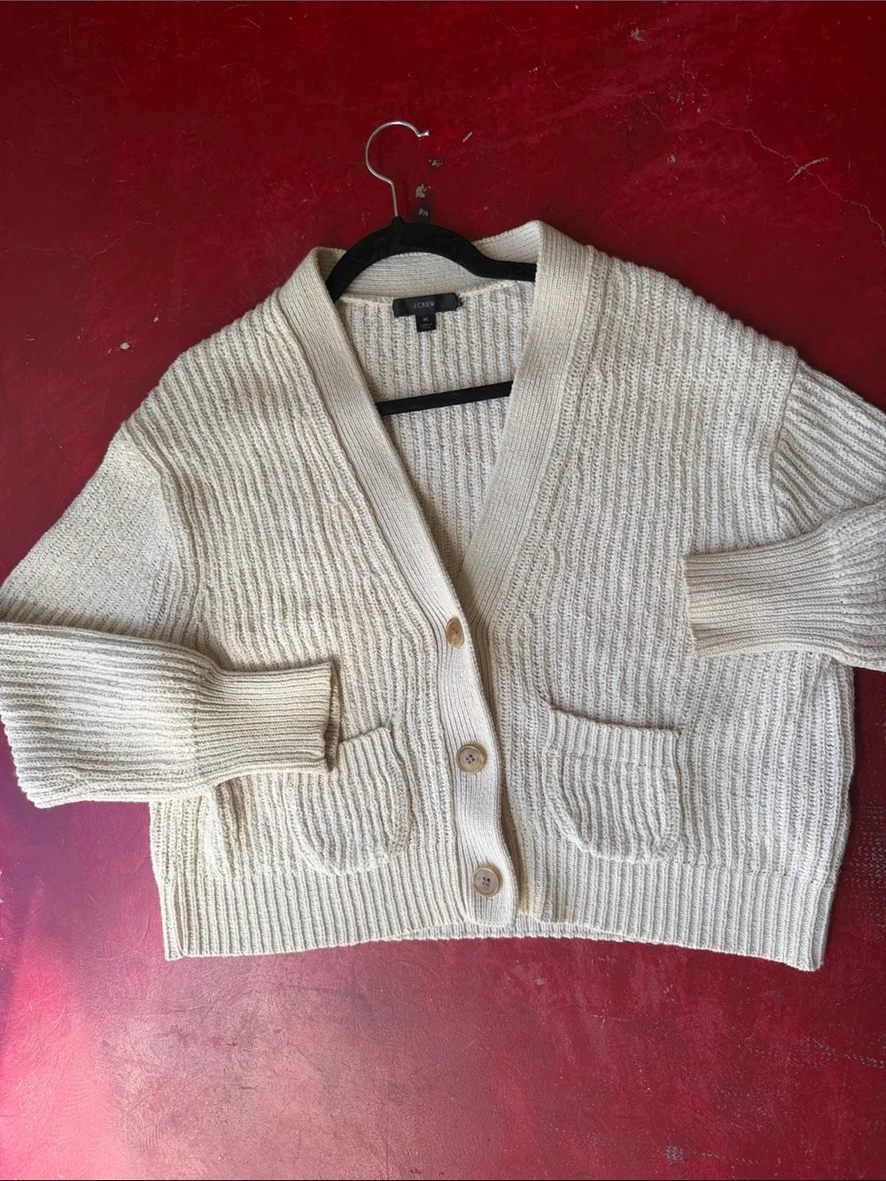 J. Crew Cream Ribbed V-Neck Button Cardigan